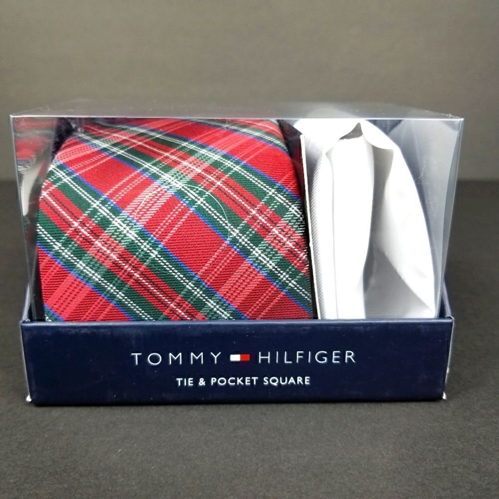 Tommy Hilfiger Red and Green Tartan Plaid Tie & Pocket Square Set - Picture 5 of 5